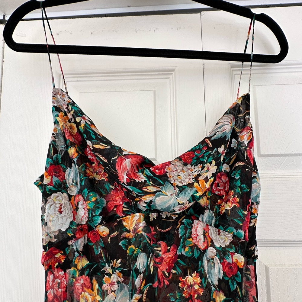 Rosamosario 100% Silk Chiffon Bias Cut Cowl Neck Botanical Print Long Maxi Dress